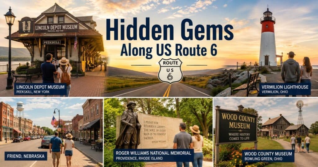 Travelers visiting hidden attractions and historic landmarks along US Route 6.