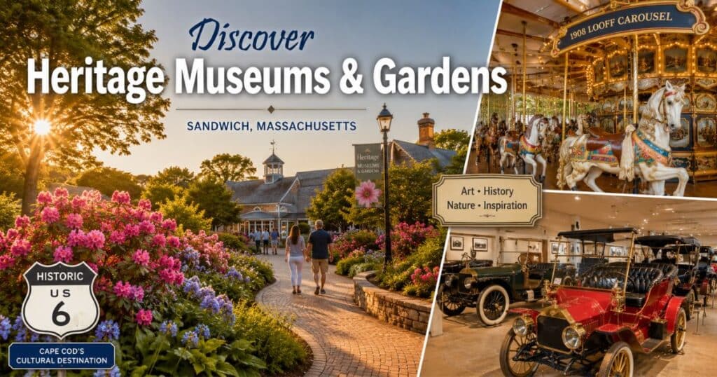 20260619 Image for Facebook Visitors exploring Heritage Museums & Gardens in Sandwich, Massachusetts among colorful gardens, historic exhibits, and scenic pathways near US Route 6.