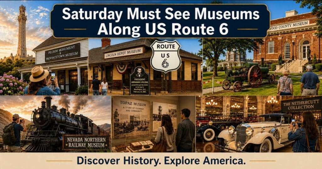 Travelers exploring museums along historic US Route 6 including railroad, history, and transportation exhibits.