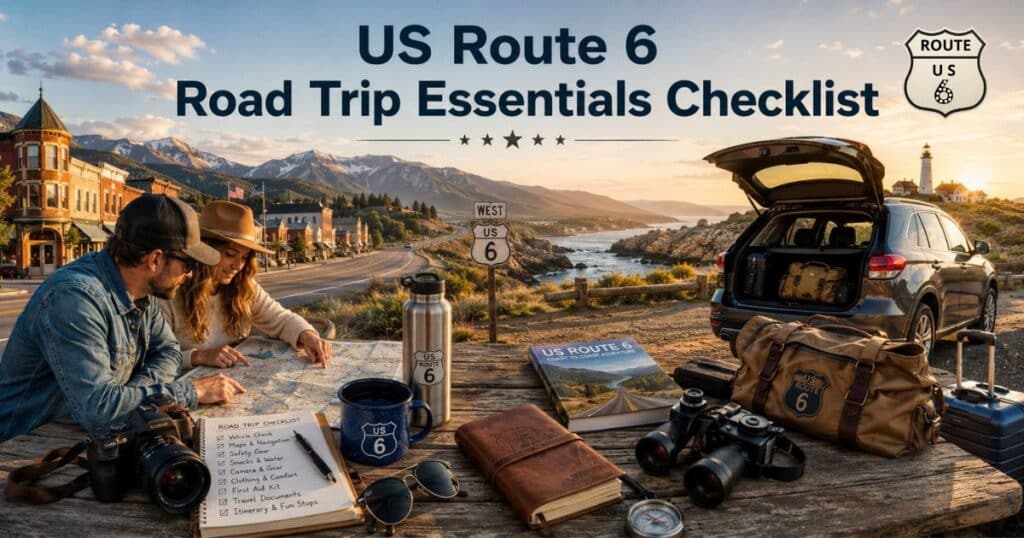 Travelers preparing for a US Route 6 road trip with maps, camera gear, luggage, and a vehicle overlooking scenic landscapes along America's longest continuous highway.
