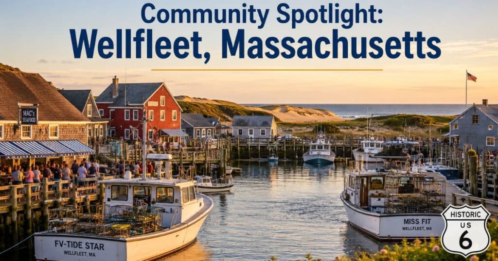 View of Wellfleet Harbor in Massachusetts with fishing boats, coastal scenery, waterfront attractions, and travelers exploring historic US Route 6.