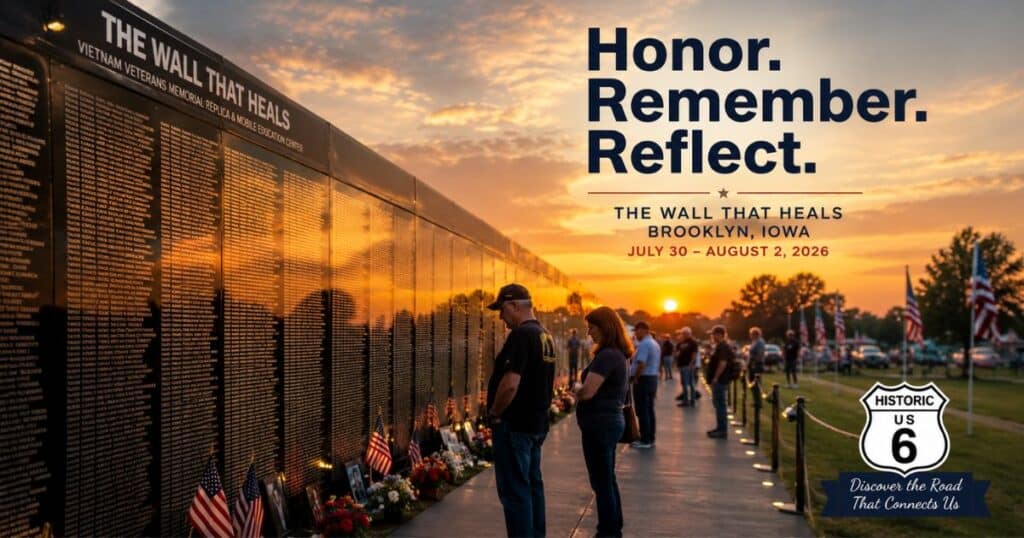 Visitors reflecting at The Wall That Heals memorial in Brooklyn, Iowa.