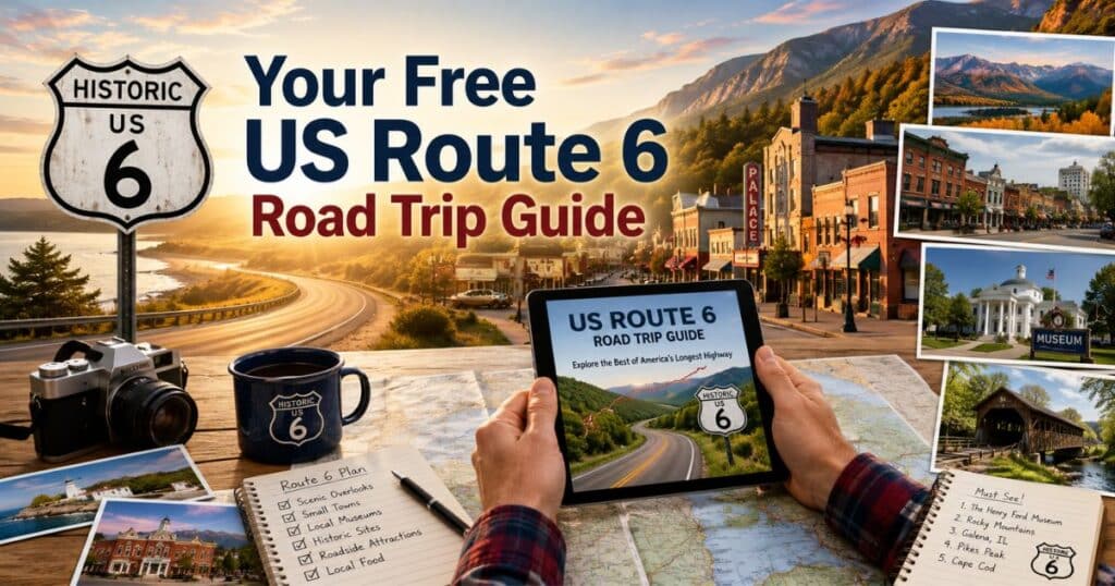 Traveler planning a road trip with maps and the Free US Route 6 Road Trip Guide.