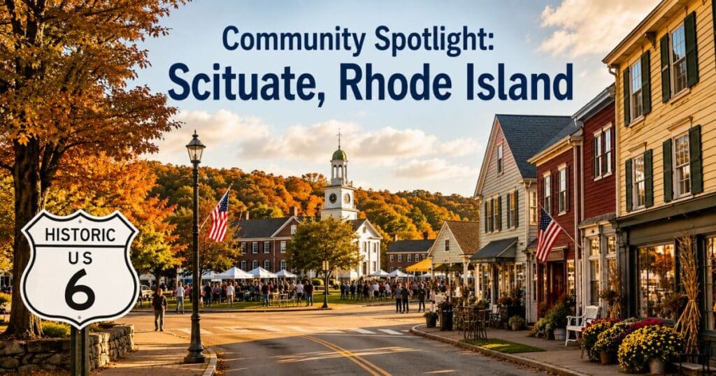 Downtown Scituate Rhode Island with historic buildings and visitors enjoying a community event.