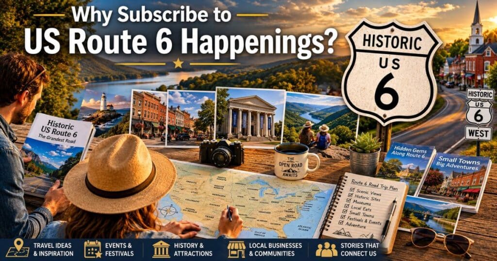 Travelers planning a historic US Route 6 road trip using maps and destination guides.