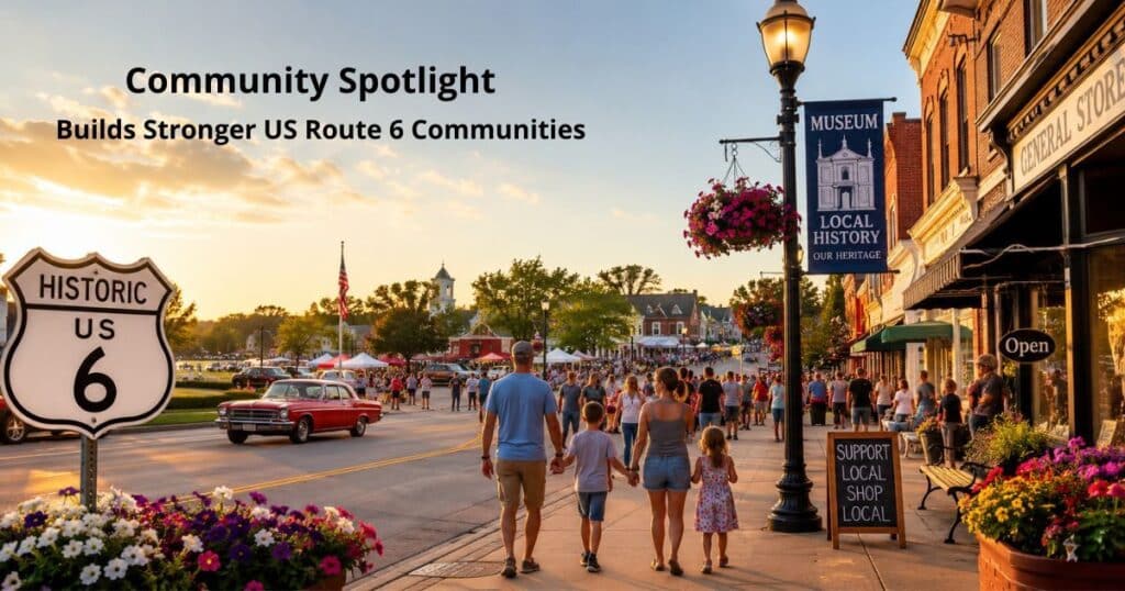 Visitors enjoying a vibrant Historic US Route 6 downtown during a community festival with local businesses and museums.