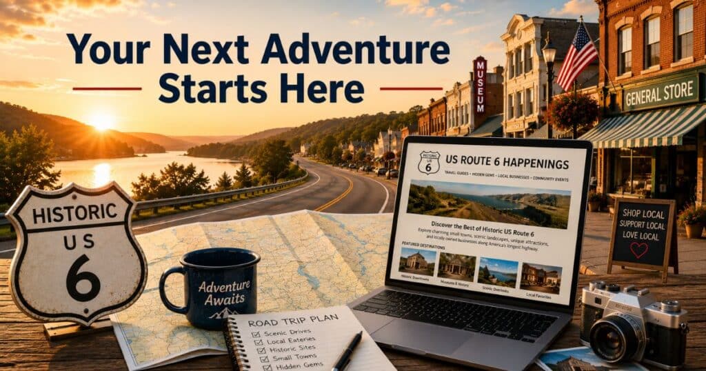 Travelers planning a Historic US Route 6 road trip using the US Route 6 Happenings newsletter while exploring maps, scenic destinations, and local attractions.