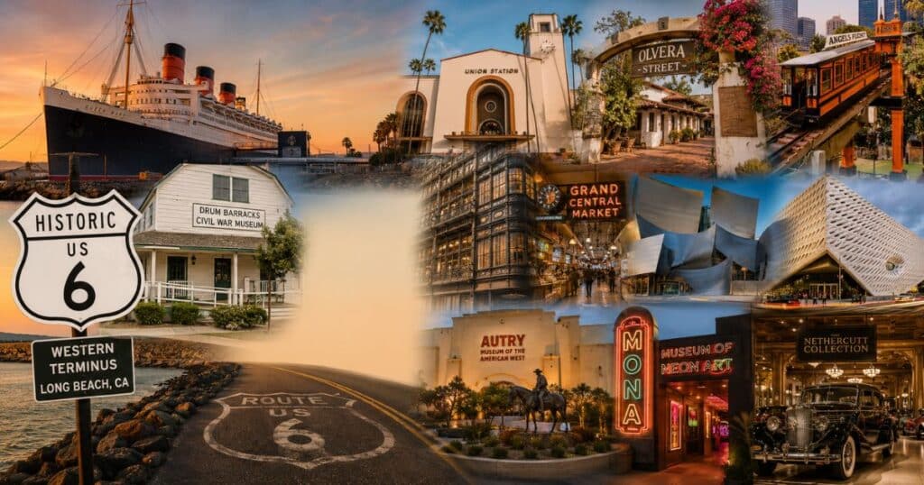 Historic US Route 6 museum road trip featuring Long Beach, Los Angeles landmarks, and museums across Southern California.