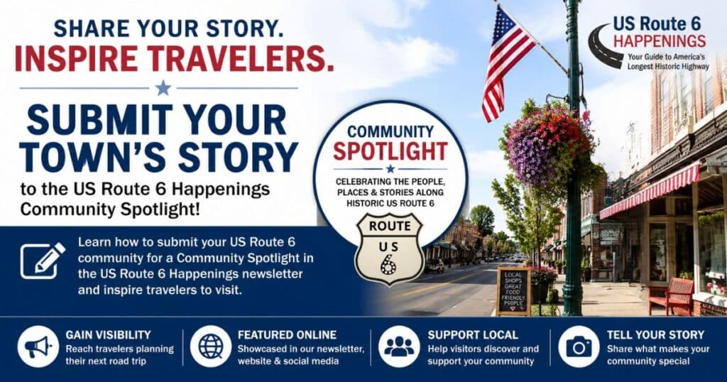 Historic US Route 6 downtown with local businesses, visitors, flowers, and community pride representing a Community Spotlight feature.