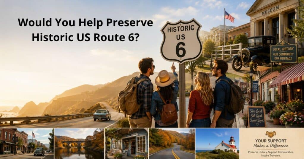 Travelers standing beside the Historic US Route 6 shield while learning how sponsorship helps preserve America's historic highway and supports communities across fourteen states.