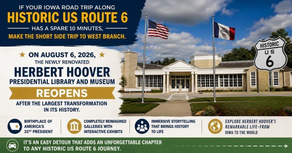 The Herbert Hoover Presidential Library and Museum in West Branch, Iowa, with American and Iowa flags flying in front, a Historic US Route 6 highway shield, and signage announcing the museum's August 6, 2026 reopening after a major renovation, inviting travelers to take a short side trip from Historic US Route 6.