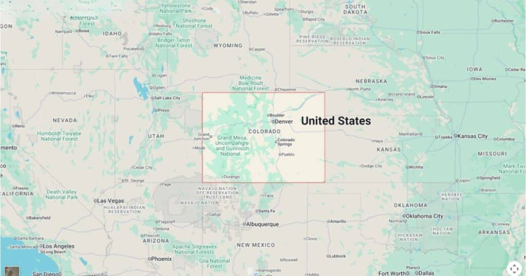 Map of Colorado in the western United States showing the state's location between Utah, Wyoming, Nebraska, Kansas, Oklahoma, and New Mexico, with Denver and major cities labeled.