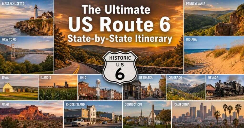 Collage of scenic destinations and attractions across the 14 states served by historic US Route 6.