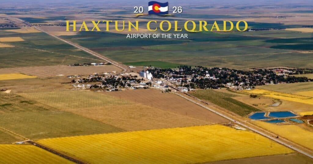 Aerial view of Haxtun, Colorado surrounded by golden farmland highlighting the award winning Haxtun Municipal Airport.