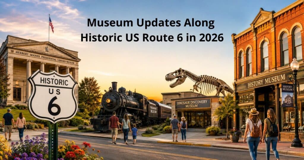 Travelers exploring museums along Historic US Route 6 in 2026 with historic buildings, exhibits, and the Historic US Route 6 highway shield in the foreground.