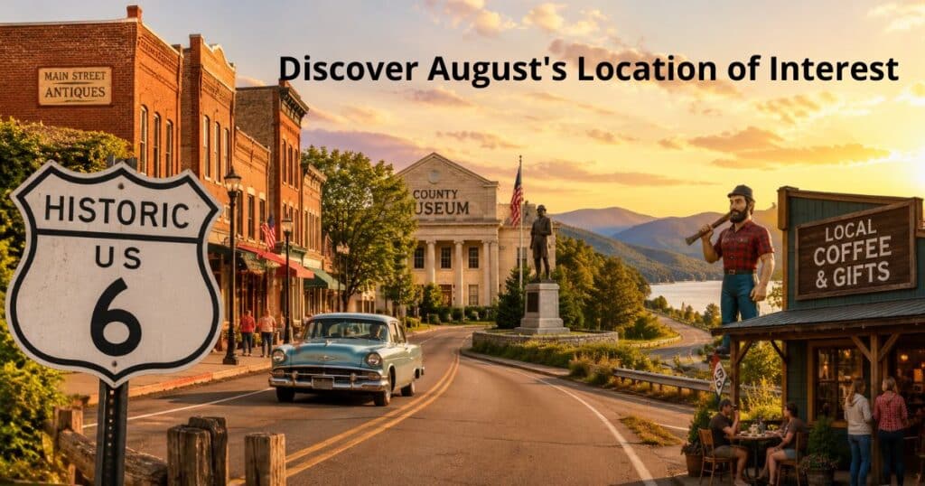Travelers discovering a museum, historic Main Street, and scenic attractions representing August's Location of Interest along Historic US Route 6.