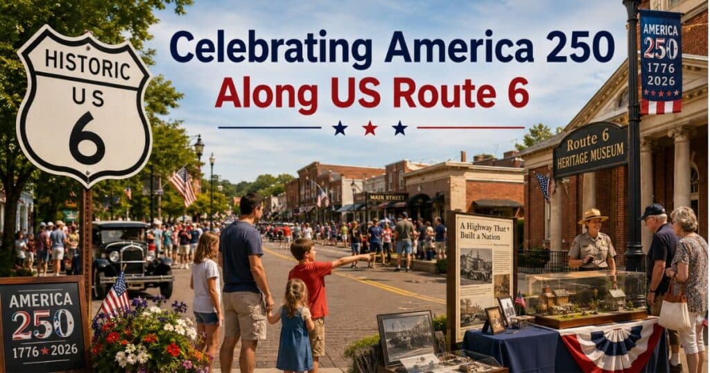 Families and travelers celebrating America's 250th Anniversary at a historic US Route 6 community event featuring flags, heritage displays, local businesses, and community activities.