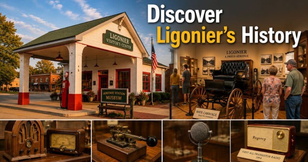 Visitors exploring exhibits inside the historic Ligonier Visitor's Center and Heritage Station Museum in Indiana.