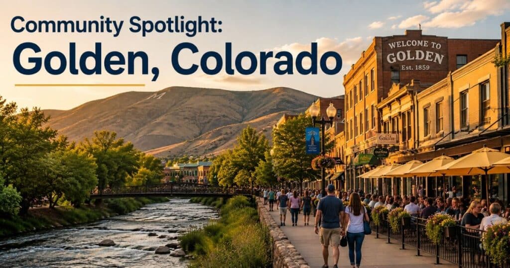 Downtown Golden, Colorado with Clear Creek, mountain views, historic buildings, and visitors enjoying the community.