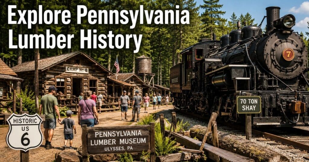 Visitors exploring the Pennsylvania Lumber Museum with the recreated lumber camp and historic Shay locomotive.