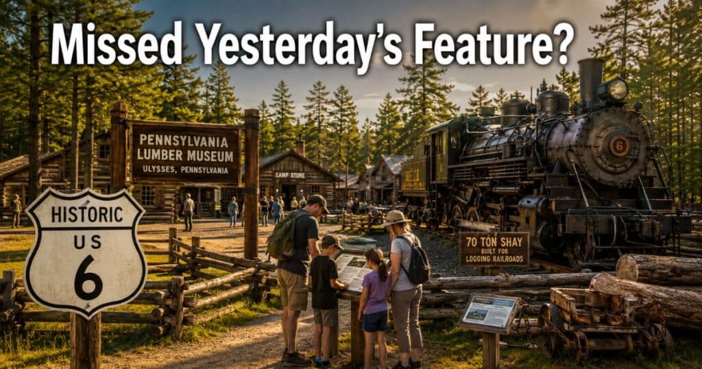 Visitors exploring the Pennsylvania Lumber Museum's recreated lumber camp with a historic 70 ton Shay locomotive along historic US Route 6.