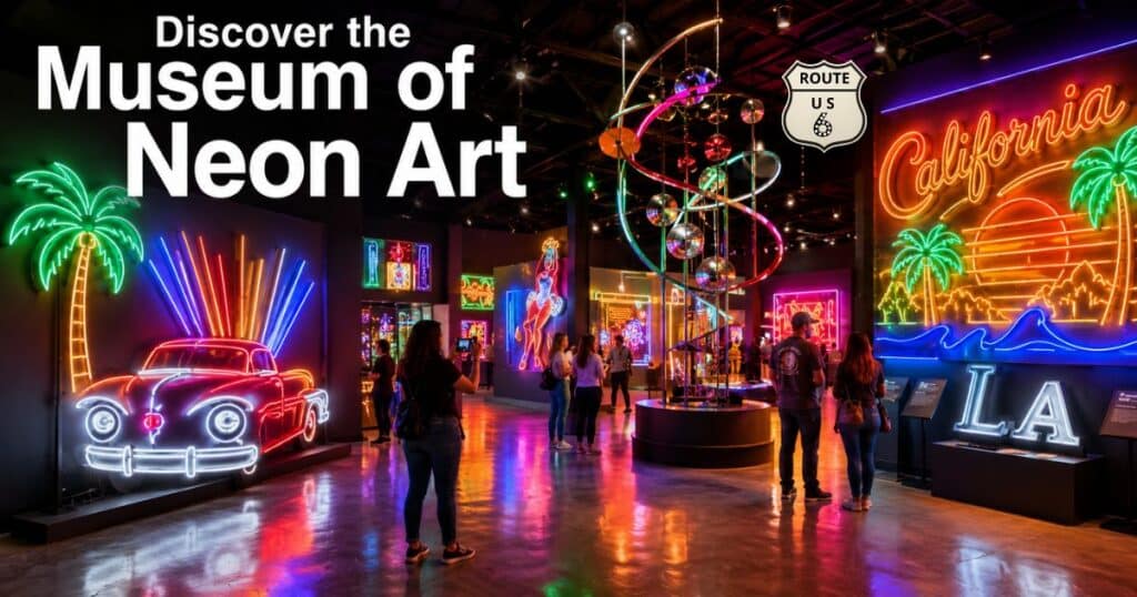 Visitors exploring colorful historic neon signs and electric artwork inside the Museum of Neon Art in Glendale, California