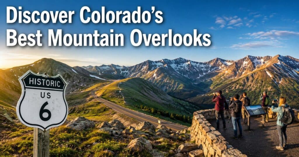 Travelers enjoying a panoramic Rocky Mountain overlook along Historic US Route 6 near Loveland Pass with alpine peaks and blue skies.