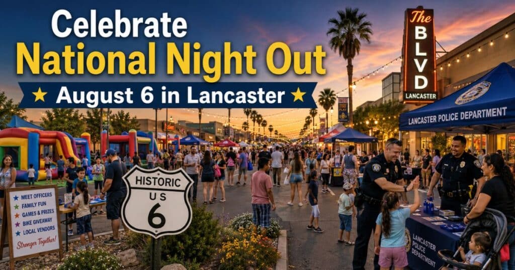 Families enjoying National Night Out with Lancaster Police officers on The BLVD in Lancaster, California.