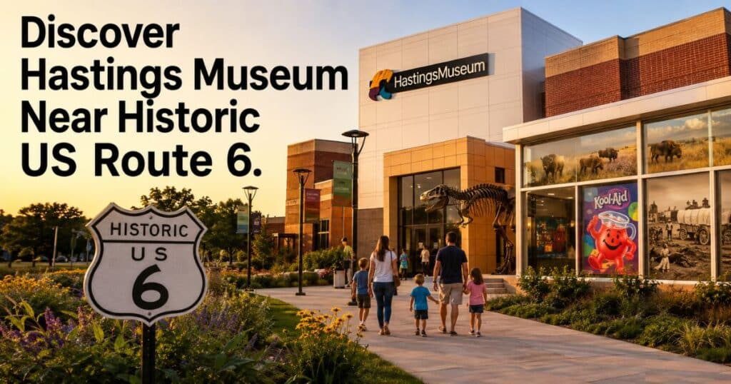 Visitors exploring Hastings Museum in Nebraska with exhibits on natural science, Plains history, Kool Aid, and Historic US Route 6.