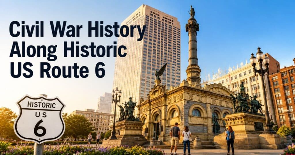 Soldiers' and Sailors' Monument in Cleveland Public Square with visitors exploring the Civil War memorial.