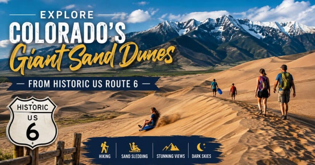 Facebook Image Size 1200x630 Travelers exploring towering sand dunes beneath the Sangre de Cristo Mountains with the Historic US Route 6 shield in the foreground.