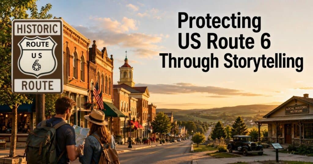 Travelers discovering a historic small town, museum, and roadside landmarks representing storytelling and preservation along US Route 6.