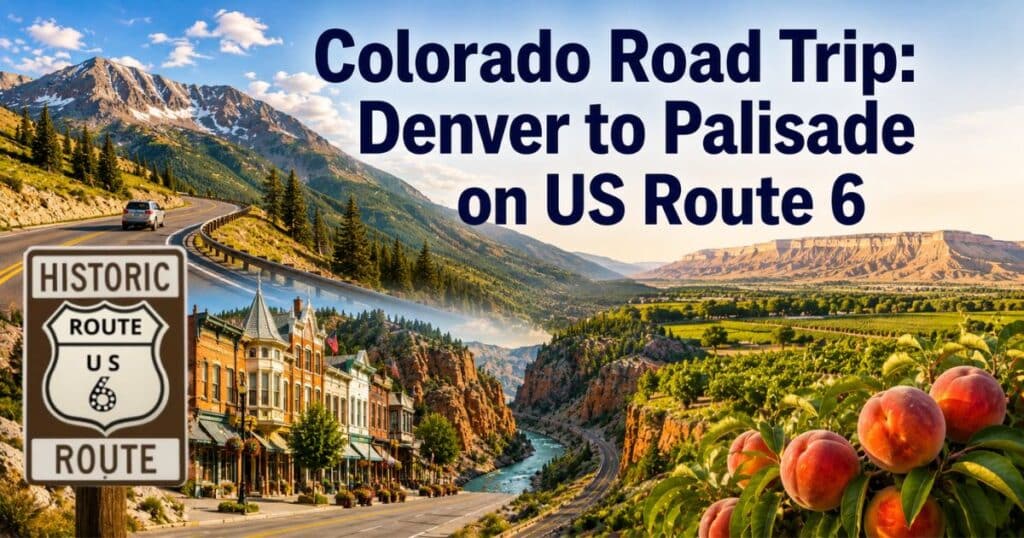 August Colorado road trip from Denver to Palisade featuring US Route 6 at Loveland Pass, Rocky Mountain scenery, vineyards and Palisade peach orchards.