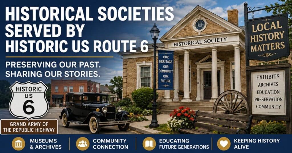 Historic US Route 6 historical society with a restored historic building, vintage automobile, Historic US Route 6 shield, museum exhibits, and heritage displays representing the historical societies that preserve local history and serve communities along Historic US Route 6.