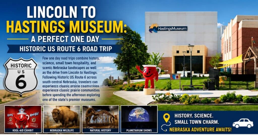 Historic US Route 6 road trip from Lincoln to Hastings Museum with the museum exterior and scenic Nebraska landscape.