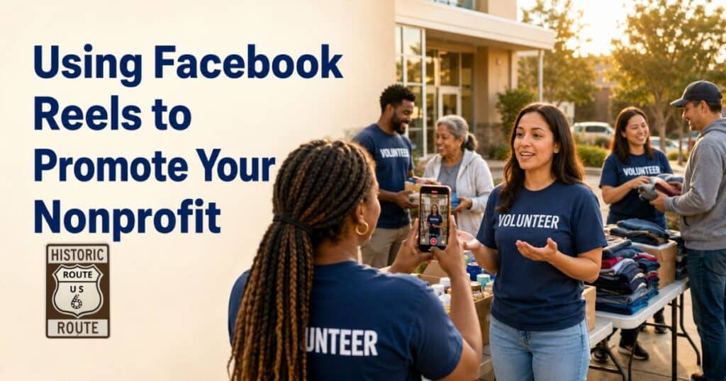 Nonprofit volunteers creating a Facebook Reel on a smartphone