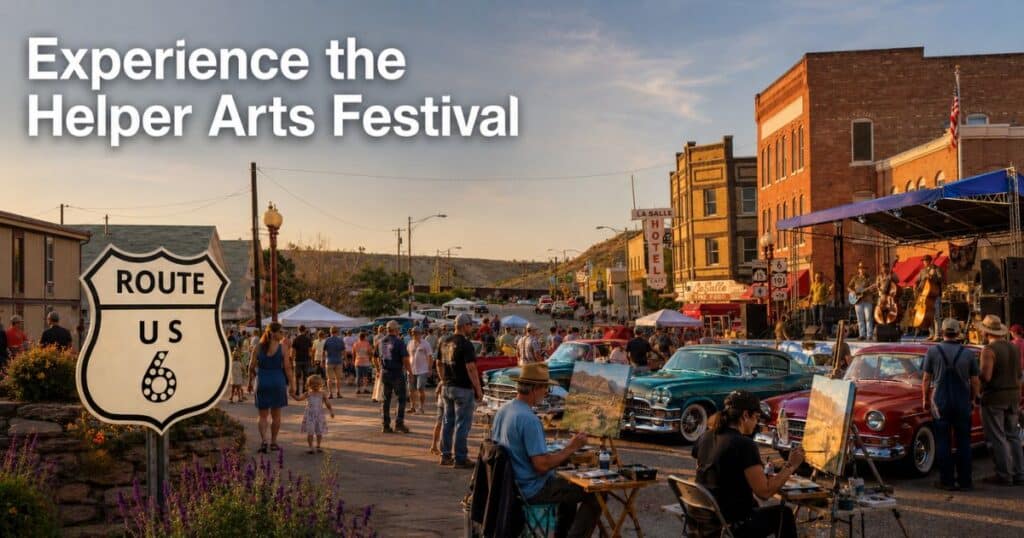 Visitors enjoying art and live music at the Helper Arts Festival in Utah