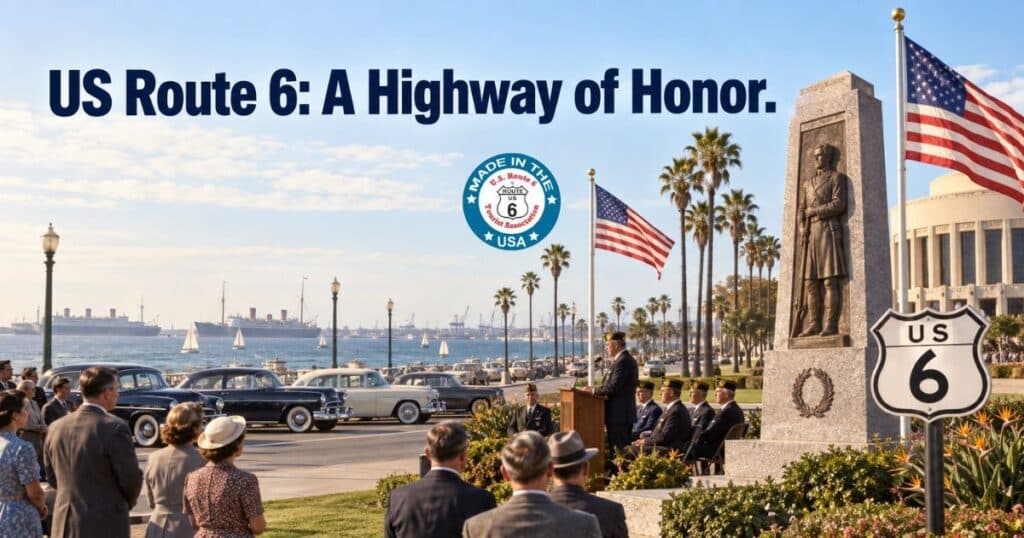 Historic US Route 6 scene commemorating the 1953 Grand Army of the Republic Highway dedication in Long Beach, California