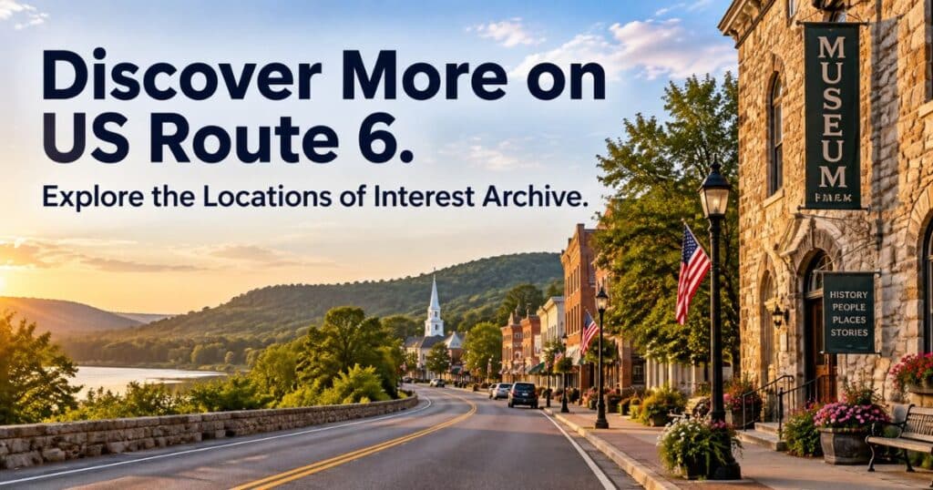 Historic US Route 6 travel scene promoting the Locations of Interest Archive and destinations to explore along the highway.
