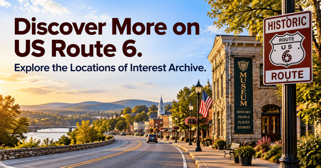 Historic US Route 6 travel scene promoting the Locations of Interest Archive and destinations to explore along the highway.