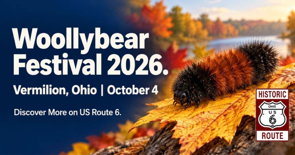 Illustrated Woollybear Festival announcement with a black and rust-colored caterpillar: Vermilion, Ohio, October 4, 2026.