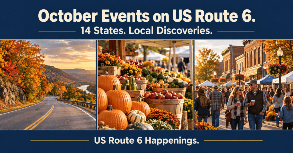 Autumn travel collage with a scenic highway, pumpkin market and community festival, titled “October Events on US Route 6.”