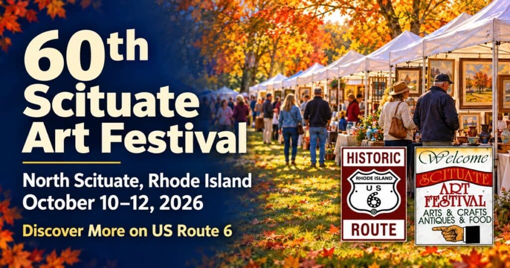 Illustrated autumn art market with supplied festival artwork and Rhode Island Historic US Route 6 sign. Text announces the 60th Scituate Art Festival, October 10–12, 2026.