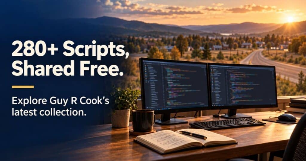 Displaying abstract code beside a notebook, promoting Guy R Cook’s free collection of more than 280 scripts.