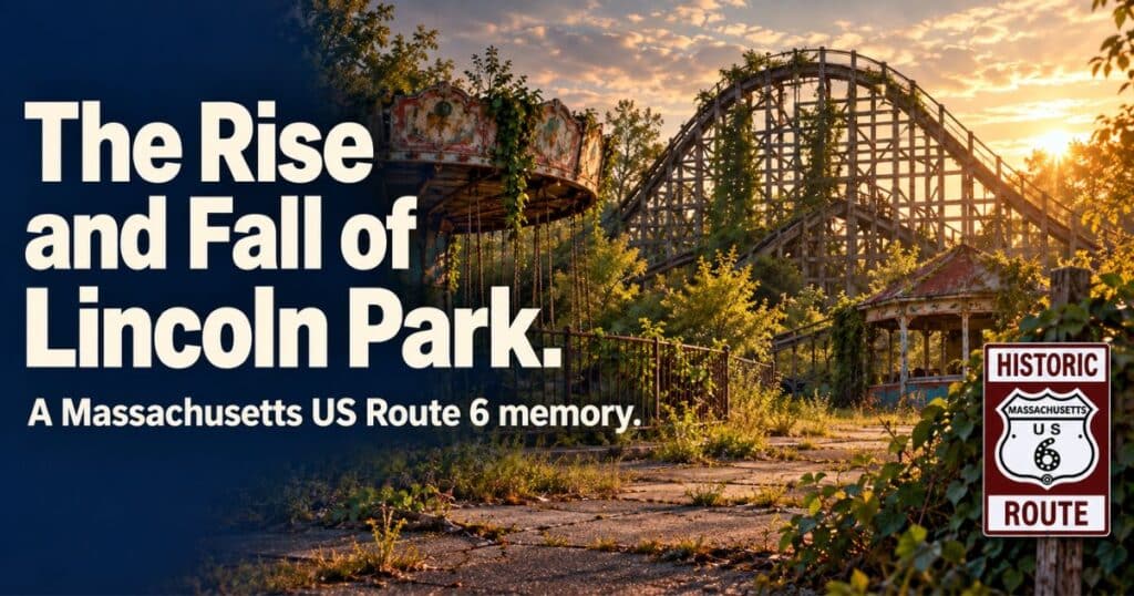 Conceptual view of an overgrown amusement park beneath the headline “The Rise and Fall of Lincoln Park.”