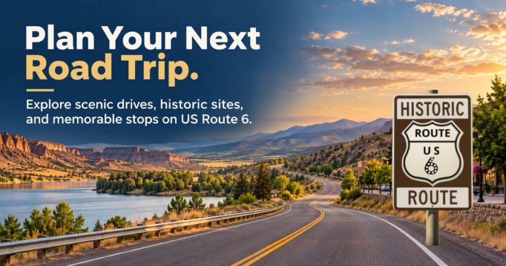 Scenic highway winding through hills toward a small town, with text inviting readers to plan a US Route 6 road trip.