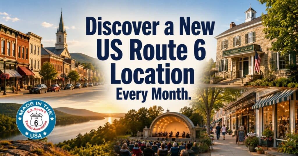 Travel scenes representing the monthly Location of Interest feature and destinations travelers can discover along US Route 6.