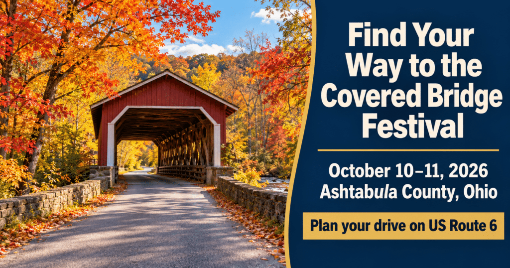 Historic covered bridge surrounded by colorful October trees in Ashtabula County, with text promoting the 2026 festival