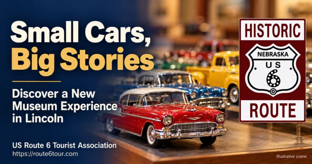 Illustrative miniature automobiles beside the text “Small Cars, Big Stories” and “Discover a New Museum Experience in Lincoln,” with US Route 6 Tourist Association branding.