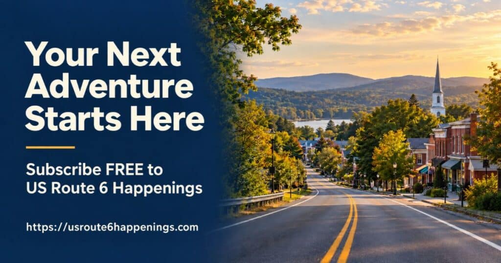 Highway leading toward a small town in golden light, with the message “Your Next Adventure Starts Here” and a free US Route 6 Happenings subscription invitation.
